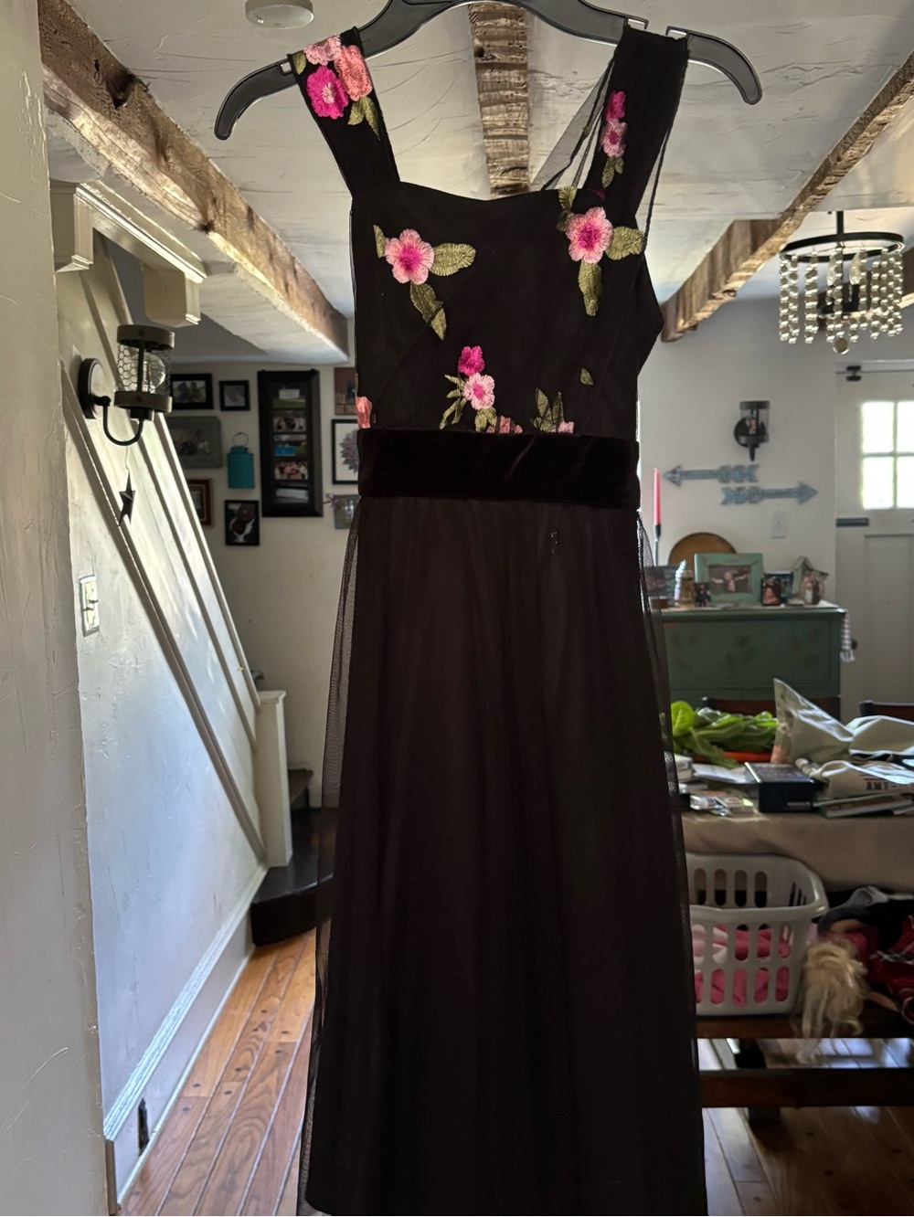 Amy Byer Black Midi Dress with Pink Floral Embroidery and Tulle Size 8 - Picture 9 of 9